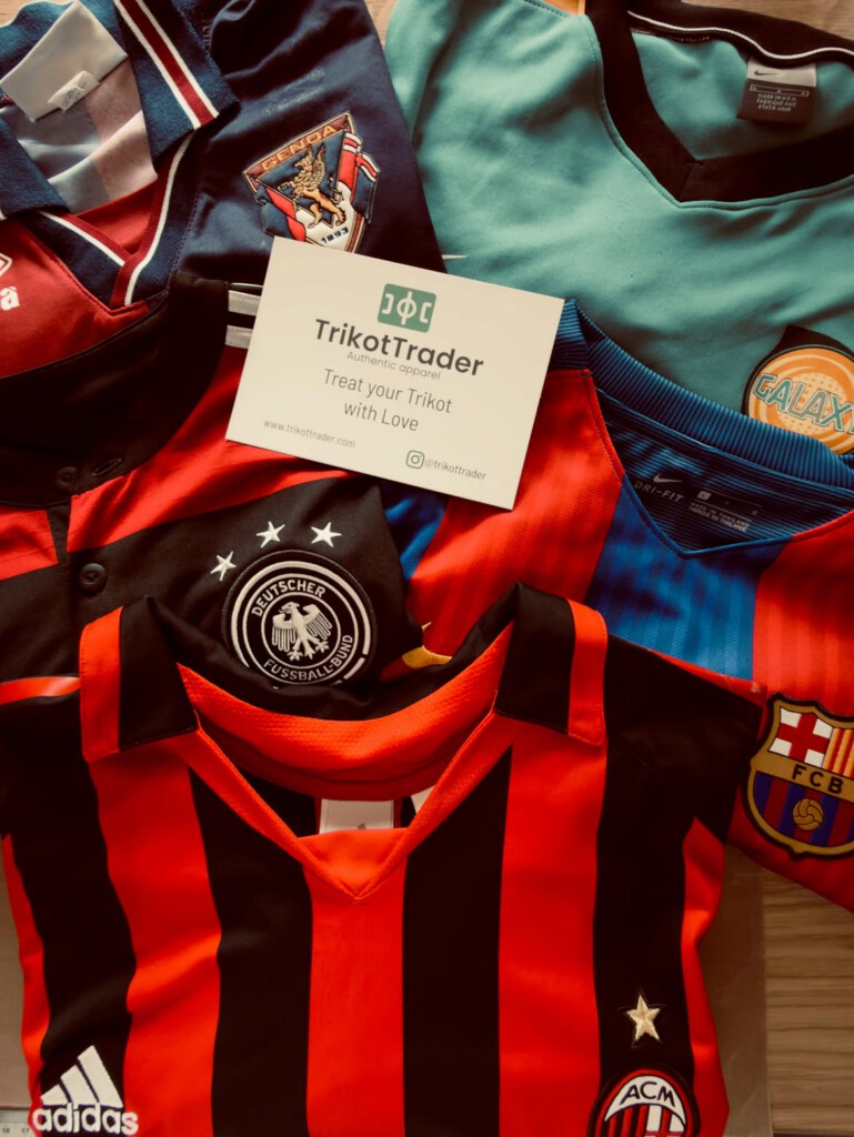 A selection of football shirts arranged around a TrikotTrader card